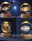 1 Adet 3D Kristal Gece Lambası, ahşap tabanlı, gezegen ve galaksi desenli, hediye için ideal.