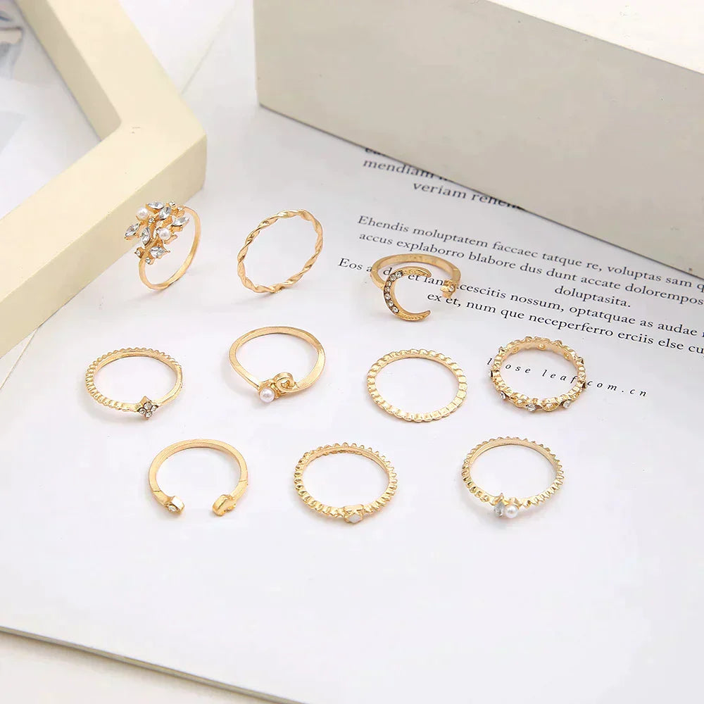 10’lu Paket Bohem Gümüş ve Altın Kaplama Yüzük