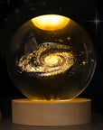 1 Adet 3D Kristal Gece Lambası, ahşap tabanlı, gezegen ve galaksi desenli, hediye için ideal.