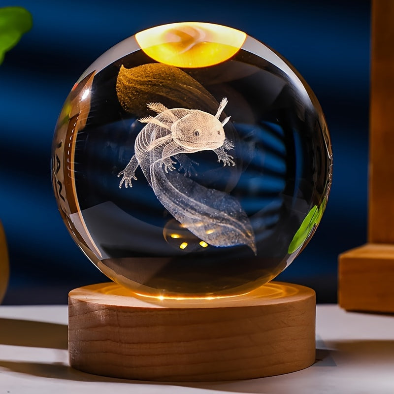 Ahşap Standlı 3D Axolotl Kristal Top – Ev ve Yatak Odası Dekoru, Gece Lambası, Axolotl Severler için Doğum Günü Hediyesi (5,99 cm)
