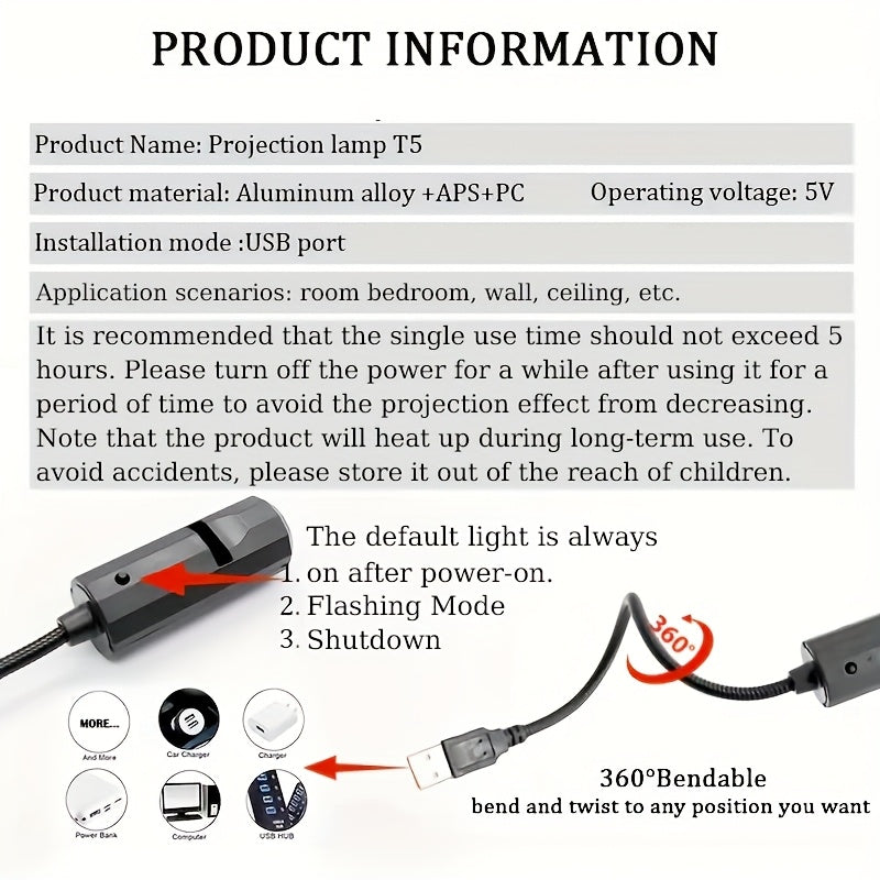 1 Adet Işık + 3 Adet Ay Işığı, USB LED projektör, tavan ve dekor için ideal.