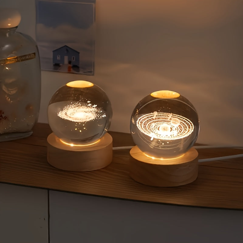 1 Adet 3D Kristal Gece Lambası, ahşap tabanlı, gezegen ve galaksi desenli, hediye için ideal.