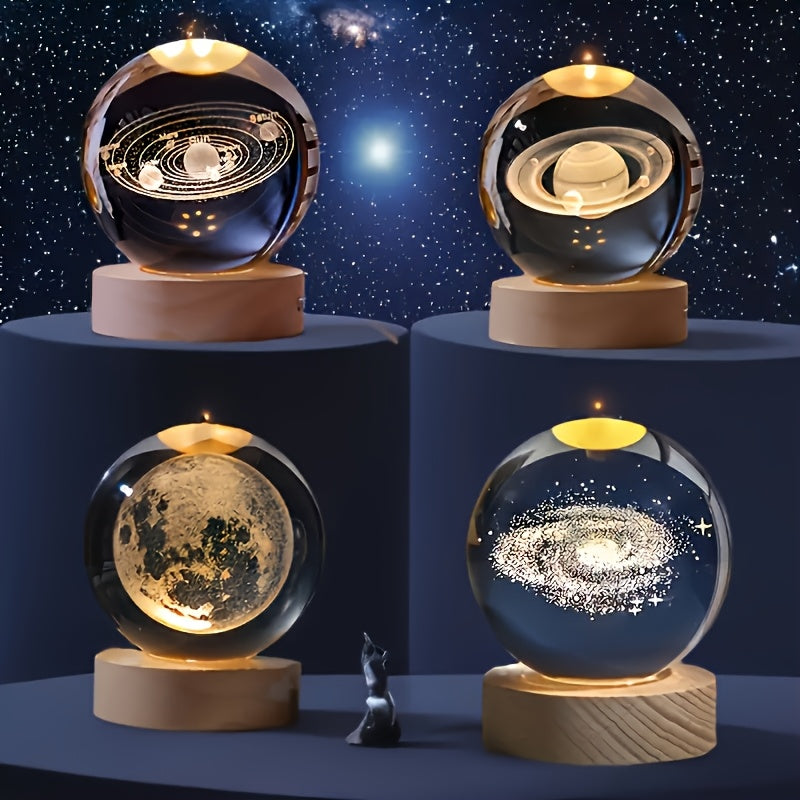 1 Adet 3D Kristal Gece Lambası, ahşap tabanlı, gezegen ve galaksi desenli, hediye için ideal.
