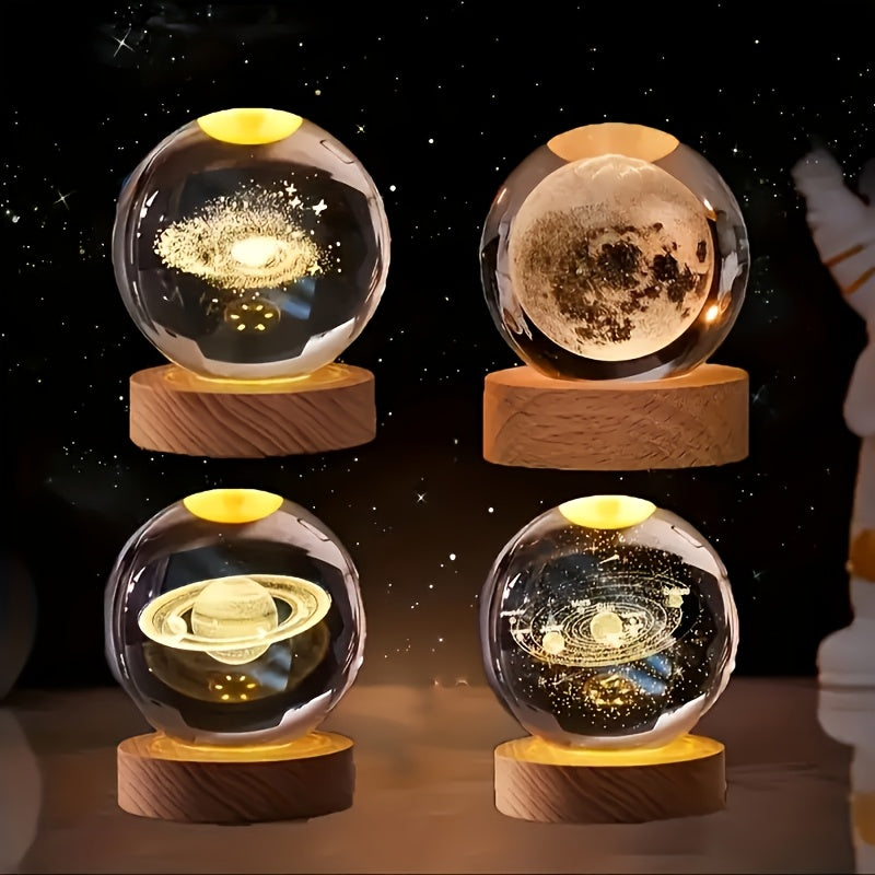 1 Adet 3D Kristal Gece Lambası, ahşap tabanlı, gezegen ve galaksi desenli, hediye için ideal.