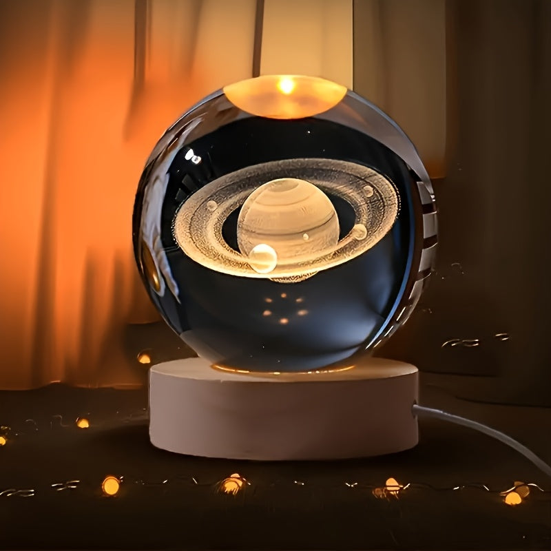 1 Adet 3D Kristal Gece Lambası, ahşap tabanlı, gezegen ve galaksi desenli, hediye için ideal.