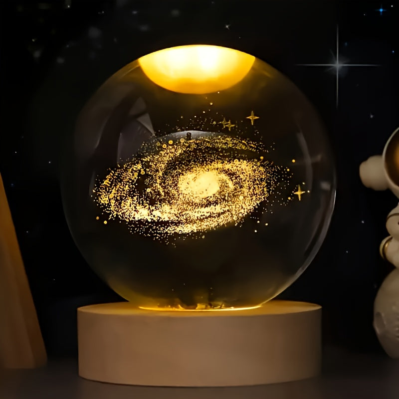 1 Adet 3D Kristal Gece Lambası, ahşap tabanlı, gezegen ve galaksi desenli, hediye için ideal.